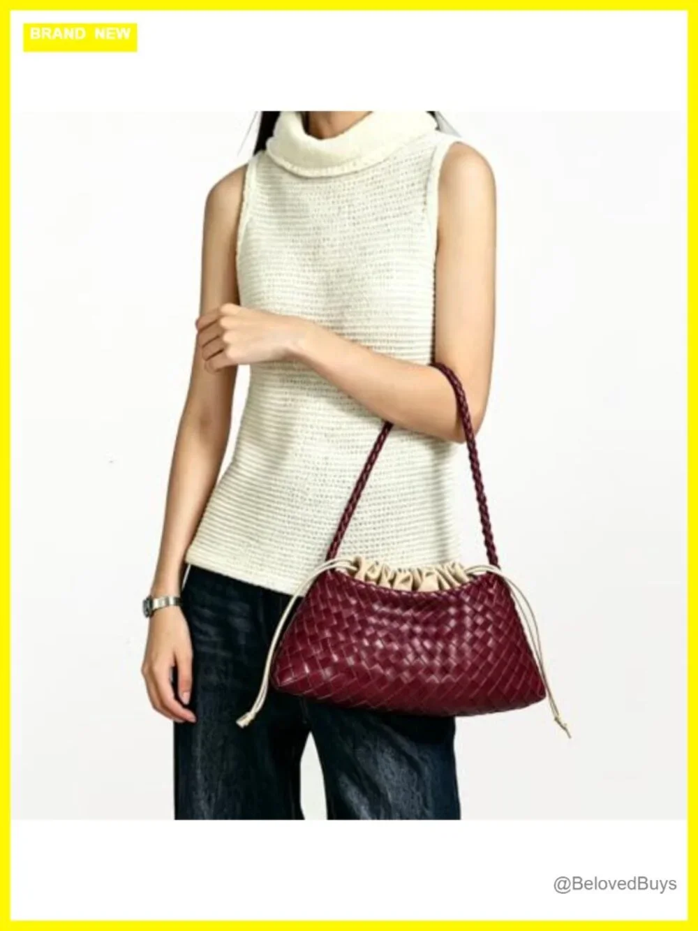 Vintage Faux Leather Hand-Woven Shoulder Hobo Bag with Detachable Drawstring